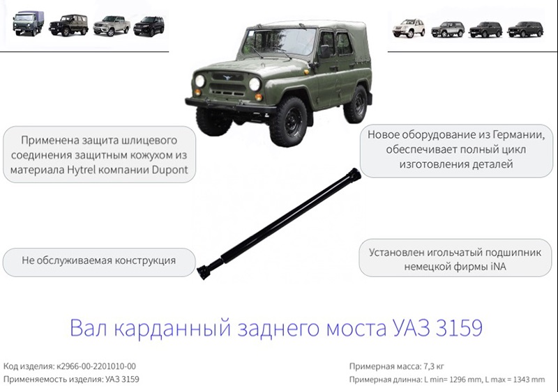 К2966-00-2201010-00 Вал карданный заднего моста УАЗ - 3159